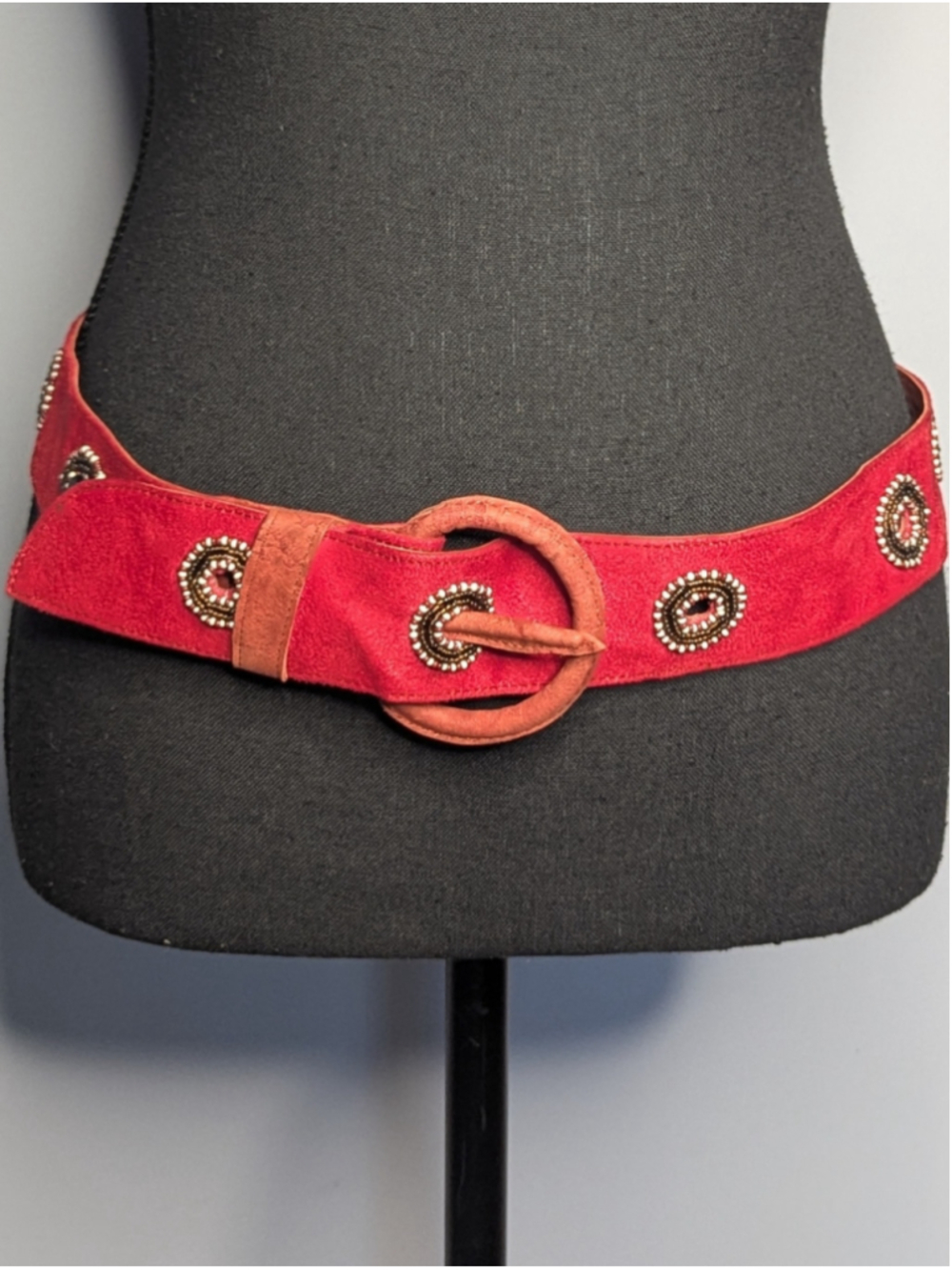 Schwari Tanzania Red Suede Beaded Belt Boho Round O-Ring Buckle 35"